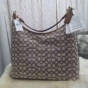 COACH Juliet 38 Signature Jacquard Shoulder Bag Cocoa Burnished Amber